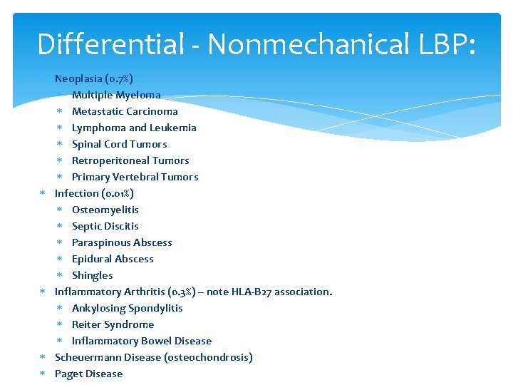 Differential - Nonmechanical LBP: Neoplasia (0. 7%) Multiple Myeloma Metastatic Carcinoma Lymphoma and Leukemia