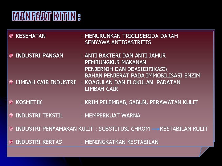 KESEHATAN : MENURUNKAN TRIGLISERIDA DARAH SENYAWA ANTIGASTRITIS INDUSTRI PANGAN : ANTI BAKTERI DAN ANTI