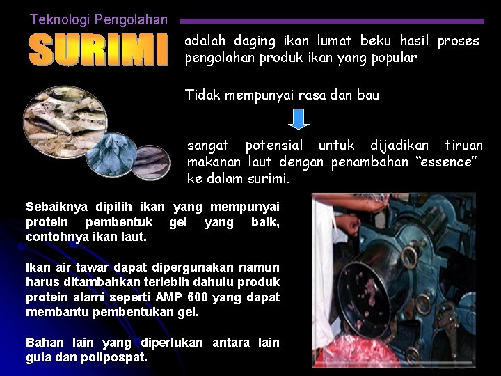 Teknologi Pengolahan adalah daging ikan lumat beku hasil proses pengolahan produk ikan yang popular