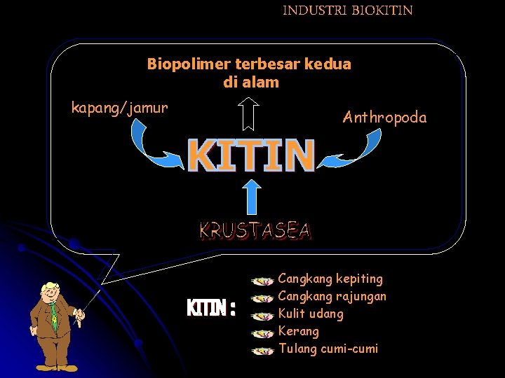 INDUSTRI BIOKITIN Biopolimer terbesar kedua di alam kapang/jamur Anthropoda Cangkang kepiting Cangkang rajungan Kulit