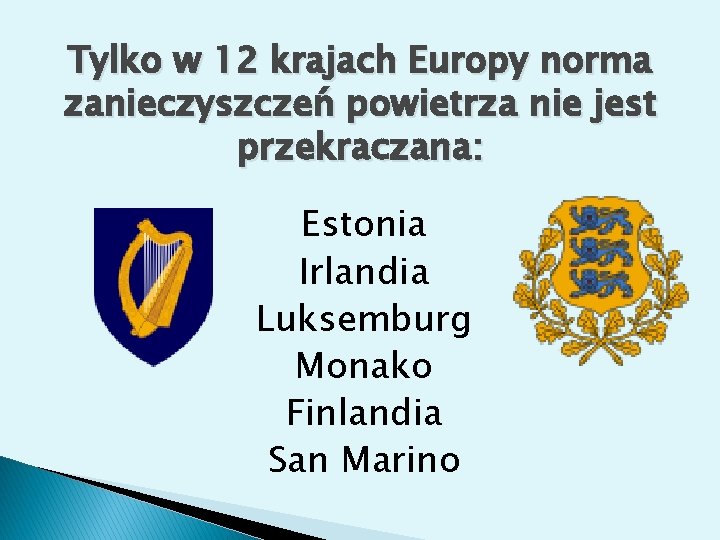 Tylko w 12 krajach Europy norma zanieczyszczeń powietrza nie jest przekraczana: Estonia Irlandia Luksemburg