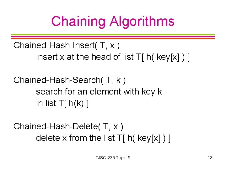 Chaining Algorithms Chained-Hash-Insert( T, x ) insert x at the head of list T[