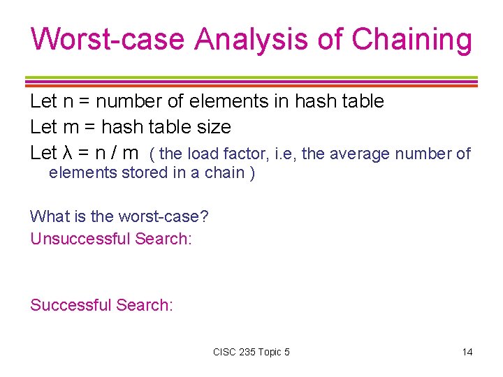 Worst-case Analysis of Chaining Let n = number of elements in hash table Let