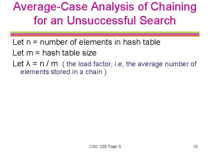 Average-Case Analysis of Chaining for an Unsuccessful Search Let n = number of elements