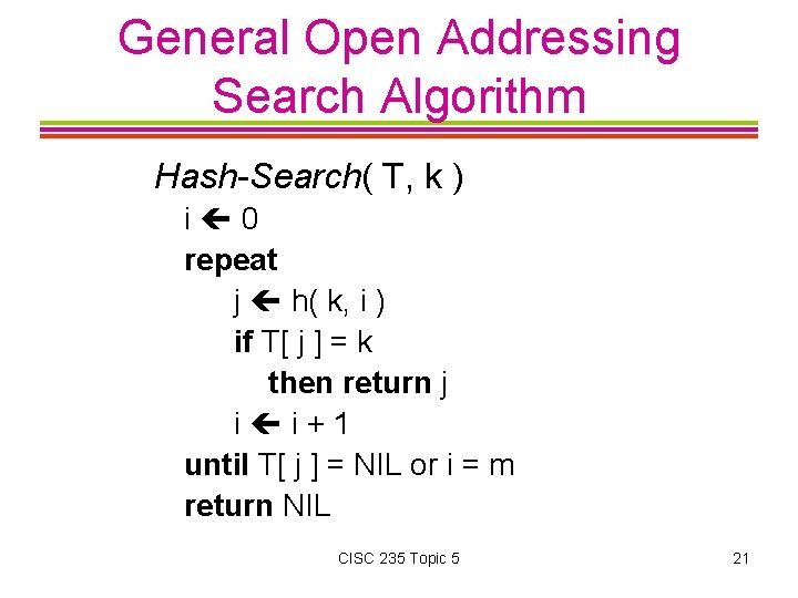 General Open Addressing Search Algorithm Hash-Search( T, k ) i 0 repeat j h(
