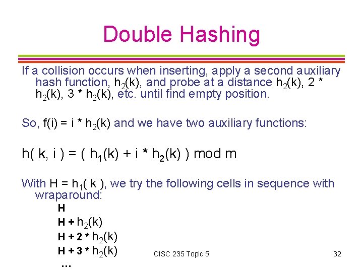 Double Hashing If a collision occurs when inserting, apply a second auxiliary hash function,