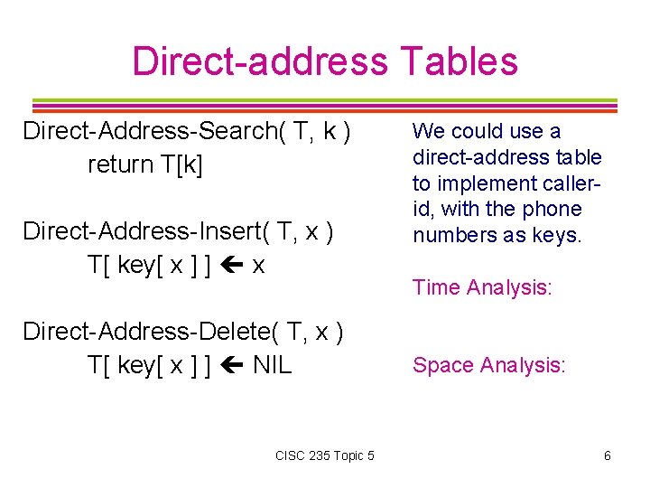 Direct-address Tables Direct-Address-Search( T, k ) return T[k] Direct-Address-Insert( T, x ) T[ key[