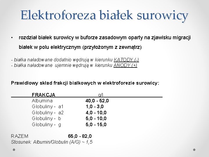 Elektroforeza białek surowicy • rozdział białek surowicy w buforze zasadowym oparty na zjawisku migracji