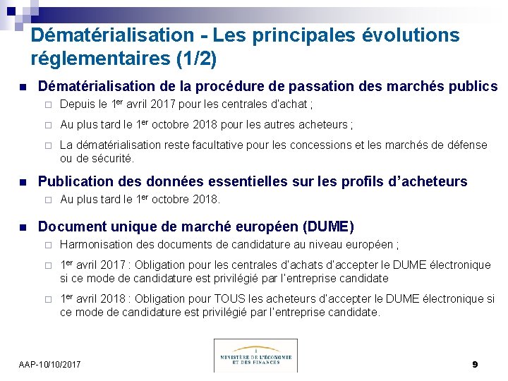 Dématérialisation - Les principales évolutions réglementaires (1/2) n n Dématérialisation de la procédure de