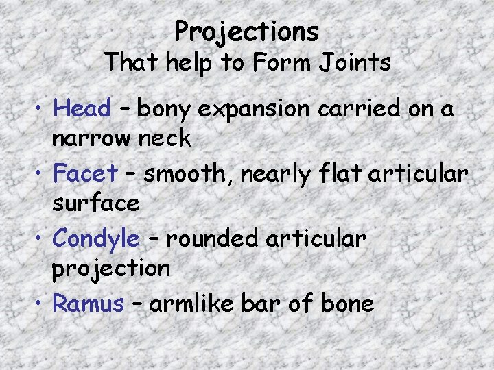 Projections That help to Form Joints • Head – bony expansion carried on a