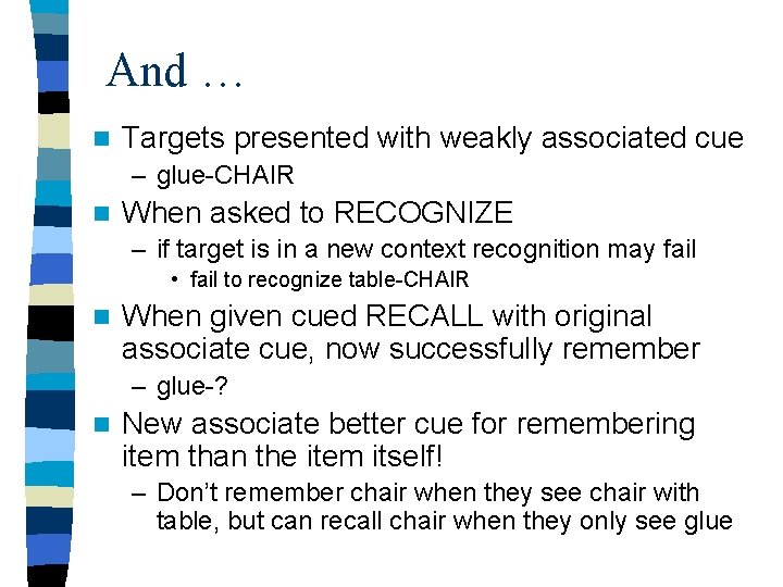 And … n Targets presented with weakly associated cue – glue-CHAIR n When asked