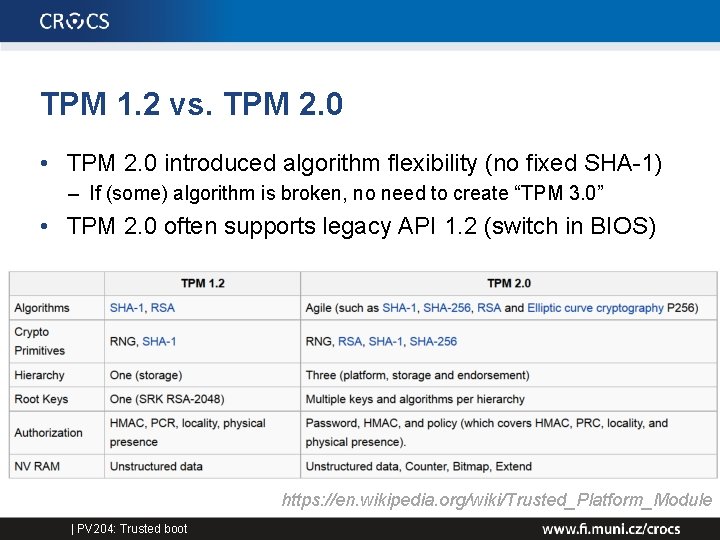 TPM 1. 2 vs. TPM 2. 0 • TPM 2. 0 introduced algorithm flexibility