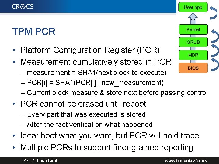 TPM PCR • Platform Configuration Register (PCR) • Measurement cumulatively stored in PCR –