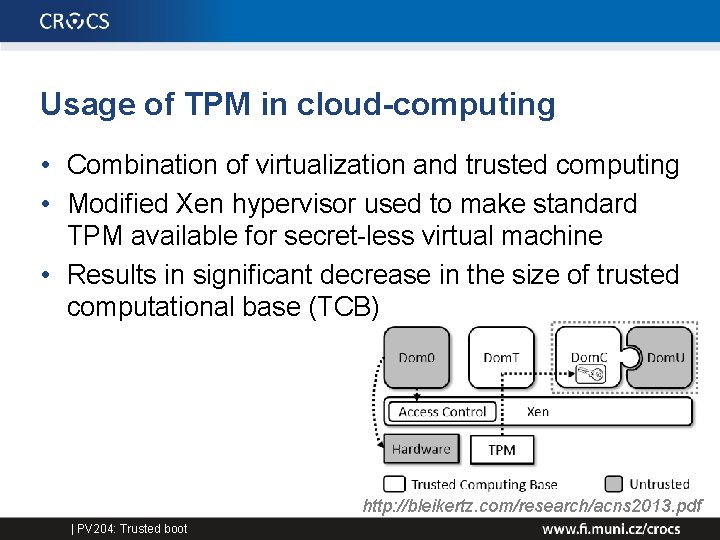 Usage of TPM in cloud-computing • Combination of virtualization and trusted computing • Modified