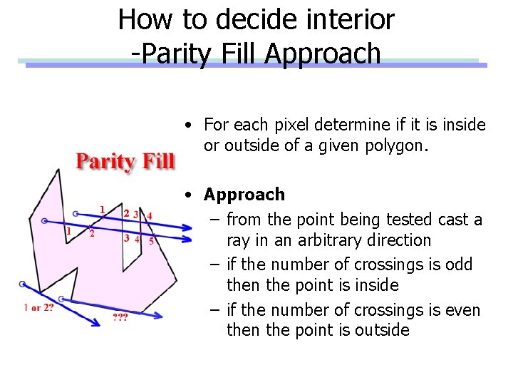 How to decide interior -Parity Fill Approach • For each pixel determine if it