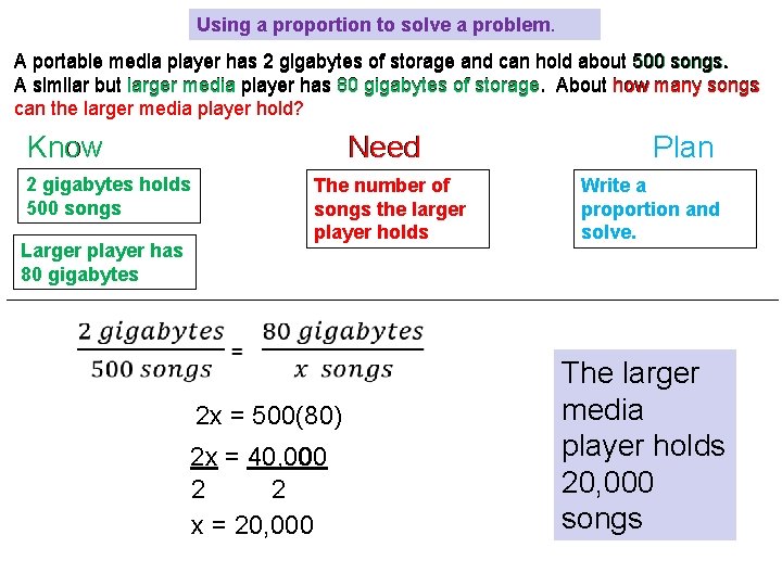 Using a proportion to solve a problem. A portable media player has 2 gigabytes Using a proportion to solve a problem. A portable media player has 2 gigabytes