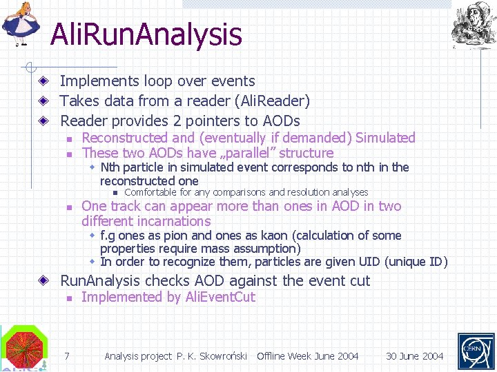 Ali. Run. Analysis Implements loop over events Takes data from a reader (Ali. Reader)