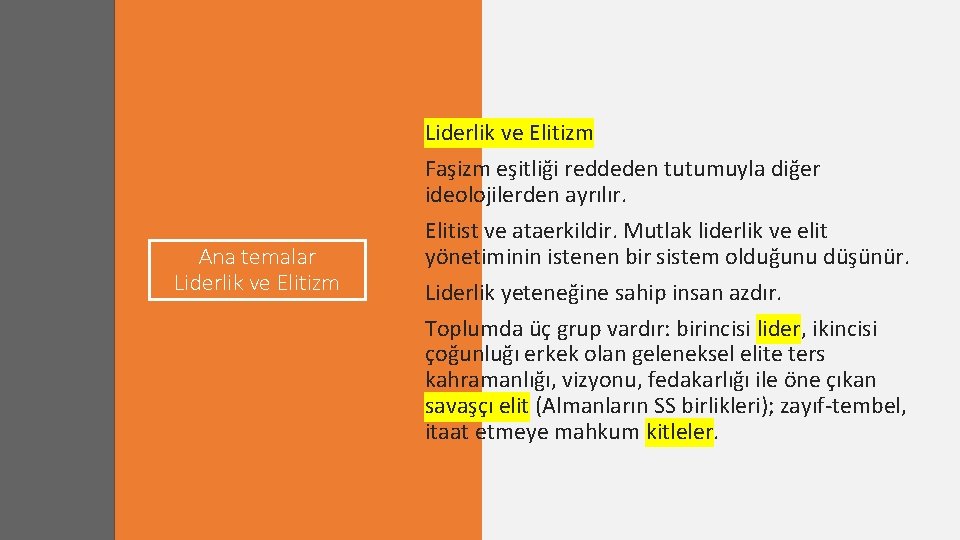 Ana temalar Liderlik ve Elitizm Faşizm eşitliği reddeden tutumuyla diğer ideolojilerden ayrılır. Elitist ve