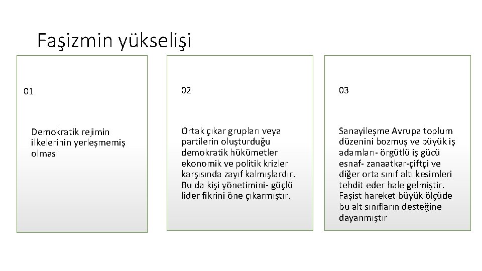 Faşizmin yükselişi 01 Demokratik rejimin ilkelerinin yerleşmemiş olması 02 03 Ortak çıkar grupları veya