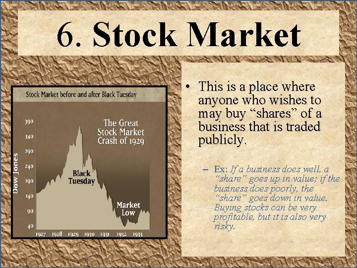 6. Stock Market • This is a place where anyone who wishes to may