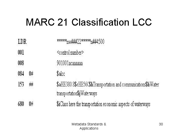 MARC 21 Classification LCC Metadata Standards & Applications 30 