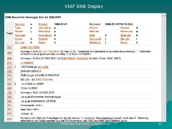 VIAF DNB Display Metadata Standards & Applications 42 