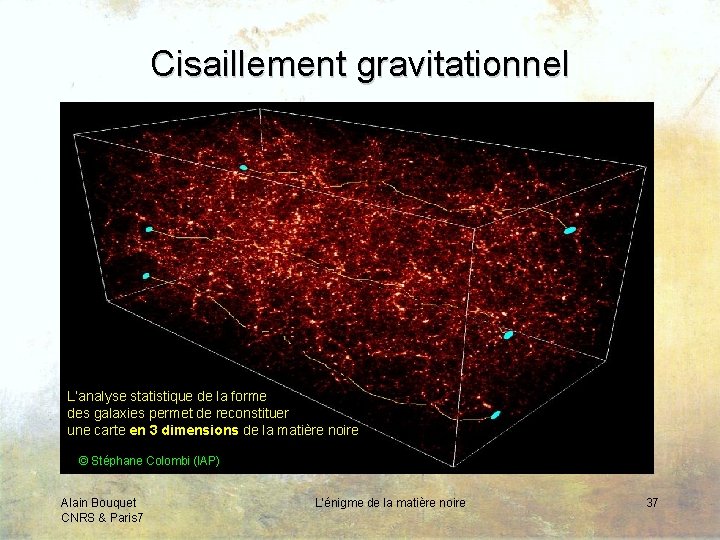 Cisaillement gravitationnel L’analyse statistique de la forme des galaxies permet de reconstituer une carte