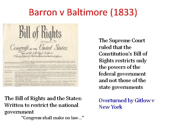 Barron v Baltimore (1833) The Supreme Court ruled that the Constitution's Bill of Rights