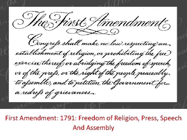 First Amendment: 1791: Freedom of Religion, Press, Speech And Assembly 