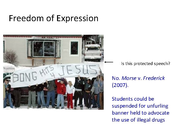 Freedom of Expression Is this protected speech? No. Morse v. Frederick (2007). Students could