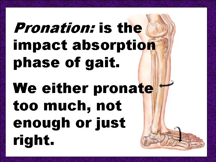 Pronation: is the impact absorption phase of gait. We either pronate too much, not