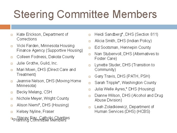 Steering Committee Members Kate Erickson, Department of Corrections Vicki Farden, Minnesota Housing Finance Agency