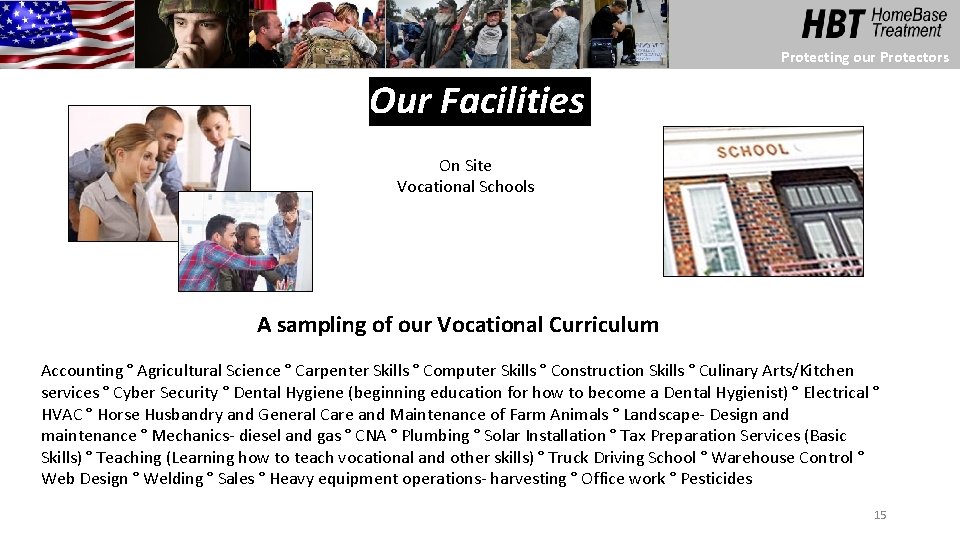 Protecting our Protectors Our Facilities On Site Vocational Schools A sampling of our Vocational