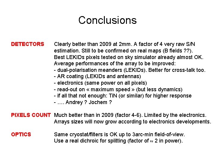 Conclusions DETECTORS Clearly better than 2009 at 2 mm. A factor of 4 very