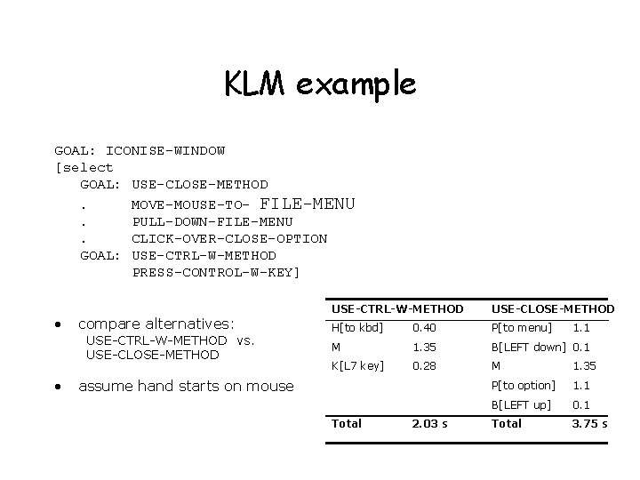 KLM example GOAL: ICONISE-WINDOW [select GOAL: USE-CLOSE-METHOD. MOVE-MOUSE-TO- FILE-MENU. PULL-DOWN-FILE-MENU. CLICK-OVER-CLOSE-OPTION GOAL: USE-CTRL-W-METHOD PRESS-CONTROL-W-KEY]