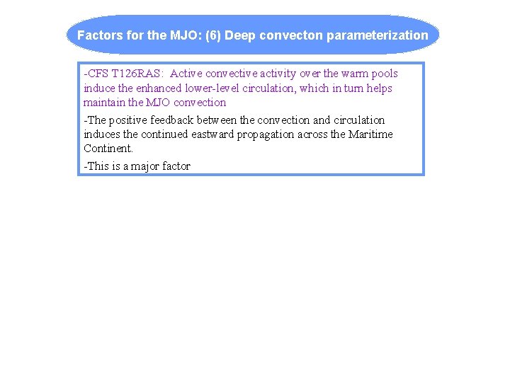 Factors for the MJO: (6) Deep convecton parameterization -CFS T 126 RAS: Active convective