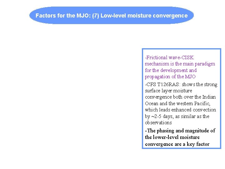Factors for the MJO: (7) Low-level moisture convergence -Frictional wave-CISK mechanism is the main