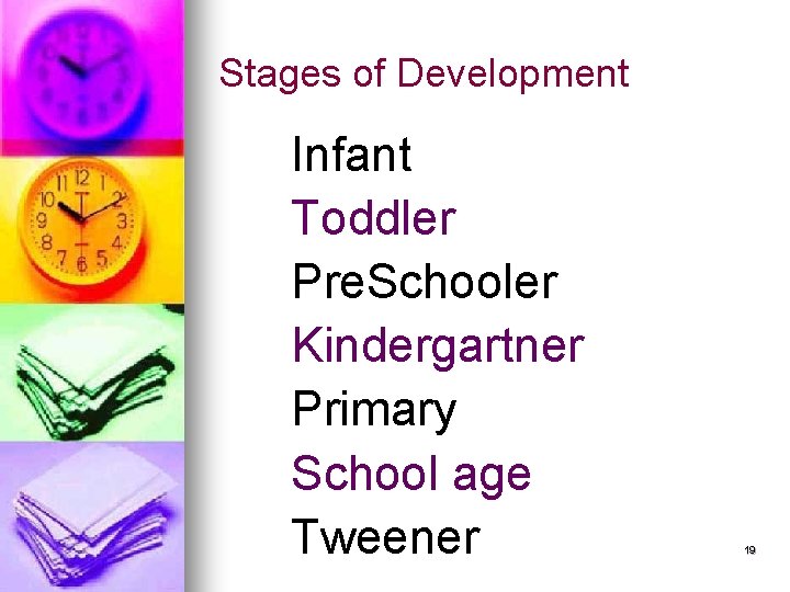 Stages of Development Infant Toddler Pre. Schooler Kindergartner Primary School age Tweener 19 