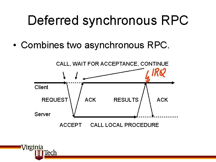 Deferred synchronous RPC • Combines two asynchronous RPC. CALL, WAIT FOR ACCEPTANCE, CONTINUE Client