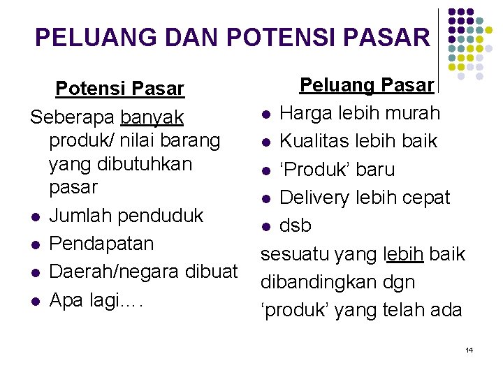 PELUANG DAN POTENSI PASAR Potensi Pasar Seberapa banyak produk/ nilai barang yang dibutuhkan pasar