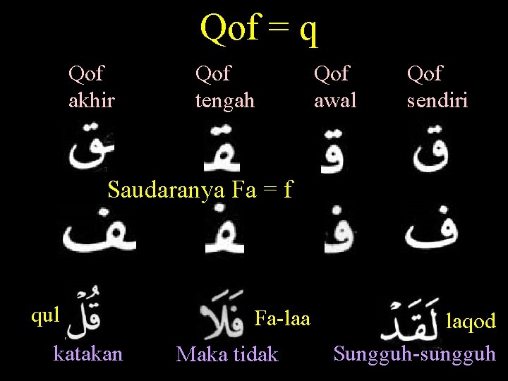Qof = q Qof akhir Qof tengah Qof awal Qof sendiri Saudaranya Fa =