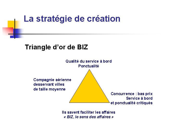 La stratégie de création Triangle d’or de BIZ Qualité du service à bord Ponctualité
