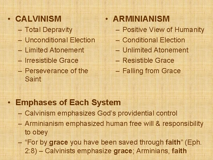  • CALVINISM – – – Total Depravity Unconditional Election Limited Atonement Irresistible Grace