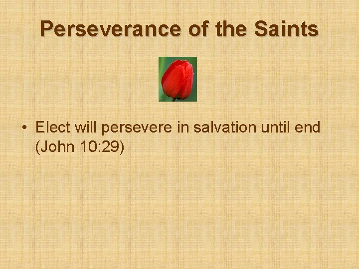 Perseverance of the Saints • Elect will persevere in salvation until end (John 10: