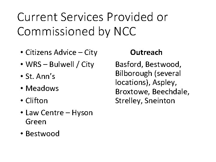Current Services Provided or Commissioned by NCC • Citizens Advice – City • WRS