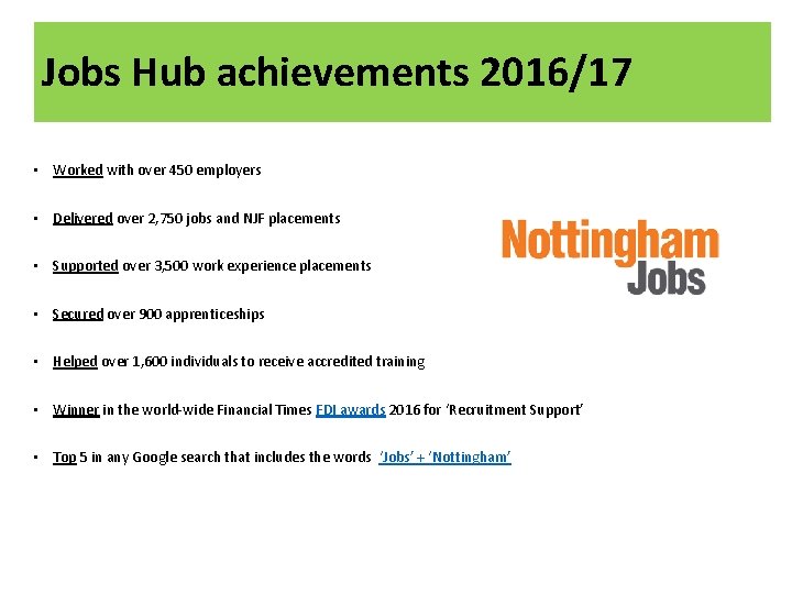 Jobs Hub achievements 2016/17 • Worked with over 450 employers • Delivered over 2,