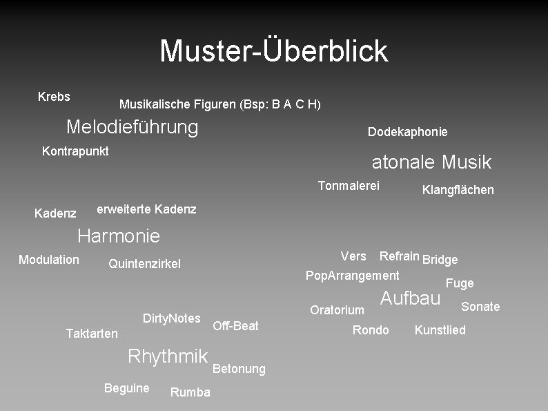 Muster-Überblick Krebs Musikalische Figuren (Bsp: B A C H) Melodieführung Dodekaphonie Kontrapunkt atonale Musik
