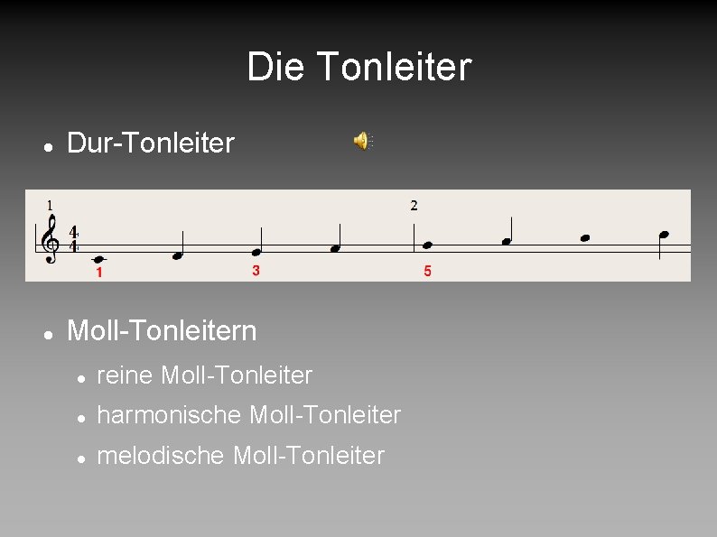 Die Tonleiter Dur-Tonleiter Moll-Tonleitern reine Moll-Tonleiter harmonische Moll-Tonleiter melodische Moll-Tonleiter 