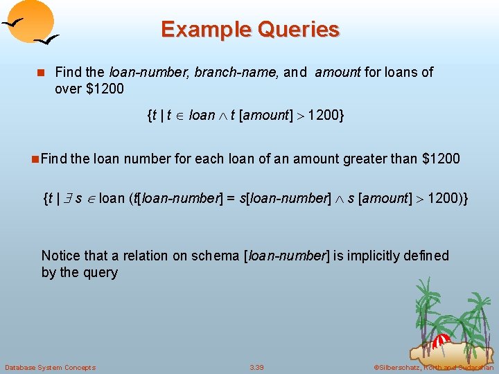 Example Queries n Find the loan-number, branch-name, and amount for loans of over $1200
