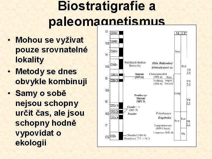 Biostratigrafie a paleomagnetismus • Mohou se vyžívat pouze srovnatelné lokality • Metody se dnes